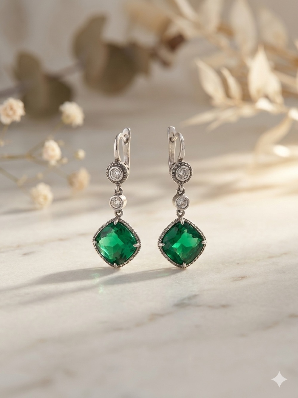 Real Silver Drop Earrings with Emerald Green Cushion Stones handmade